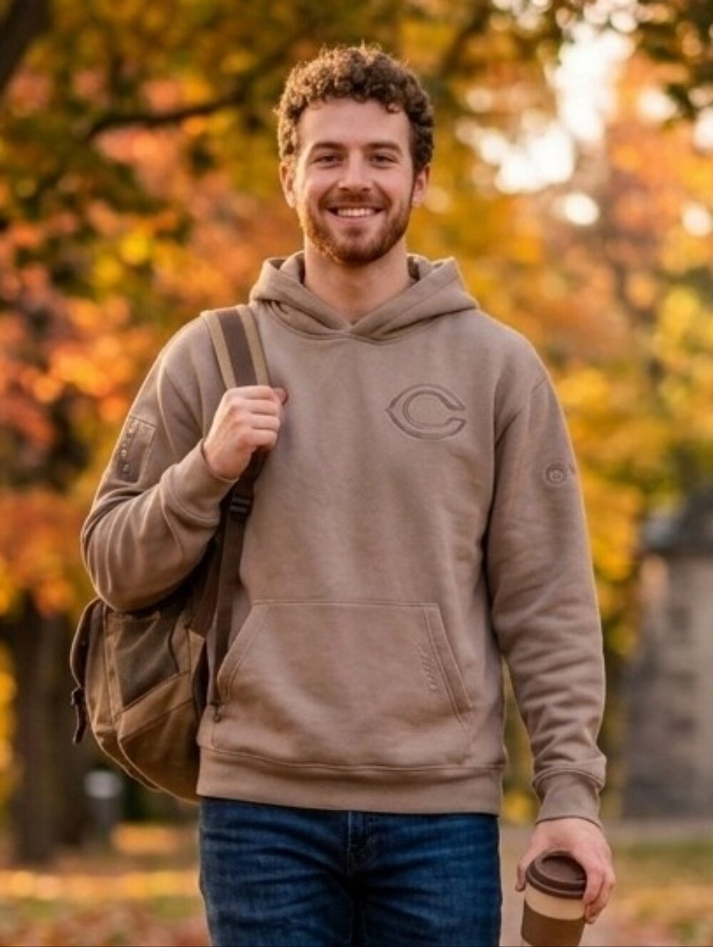 Men's Crewneck Hoodie in Taupe with Tonal Logos